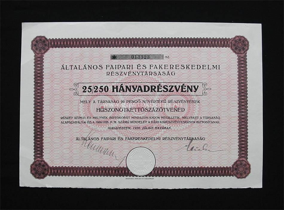 ltalnos Faipari s Fakereskedelmi rszvny 25/250-ed 20 peng